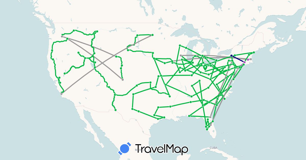 TravelMap itinerary: driving, bus, plane, train in United States (North America)